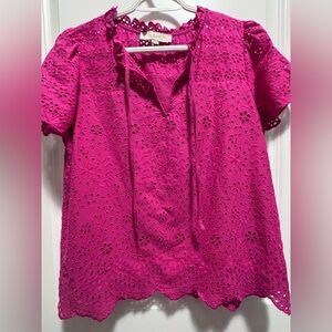 LOFT Eyelet Blouse Summer Pink short sleeves sz MP body is lined v-neck ties